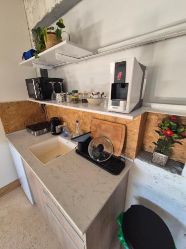 a small kitchen with a sink and a microwave at Adas in Aviʼel