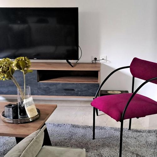 a living room with a tv and a purple chair at La Maisonette, Florina Center in Florina
