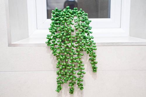a bunch of green beans on a white wall at Easy 2 Manage Wisteria House, Heathrow Retreat, Free Parking in Colnbrook