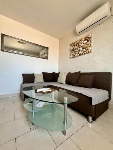 a living room with a couch and a glass table at Apartments Obradovic in Krasici