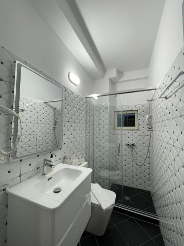a bathroom with a sink and a toilet and a shower at Hotel Milano in Tirana