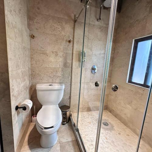 a bathroom with a toilet and a shower at Hotel Pietro Santo in Santeagueda