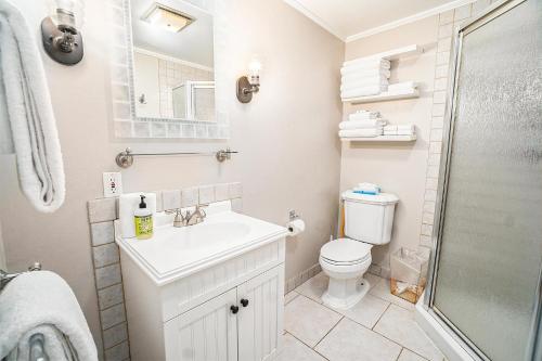 a bathroom with a sink and a toilet and a shower at Butlers Quarters in Saugatuck