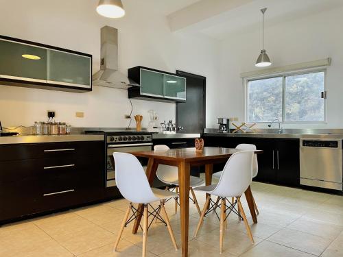 a kitchen with a wooden table and white chairs at Ibis 8 in Monterrey
