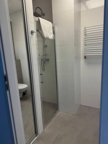 a bathroom with a shower and a toilet at Zlatarooms in Warsaw