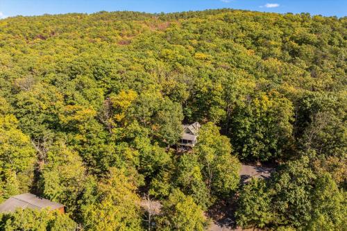 an overhead view of a house in the middle of a forest at Mt Views - Sauna - Hot Tub - Adulting - Family Fun in Massanutten