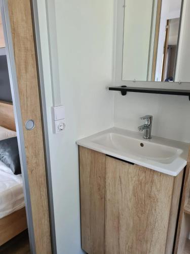 une salle de bain avec un lavabo et un miroir dans l'établissement Bungalow confortable à Saint-Jean-de-Monts - 45 m², à Saint-Jean-de-Monts
