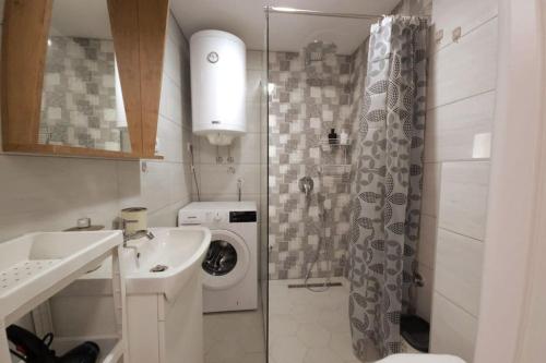 a small bathroom with a sink and a washing machine at Airport Studio Stefan in Belgrade