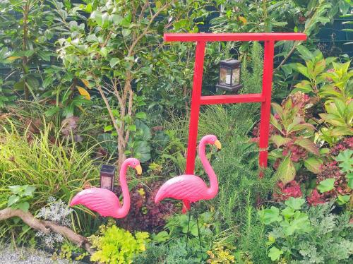 two pink flamingos in a garden with a bird feeder at Uni-nähe Unterkunft mit Garten in Bochum