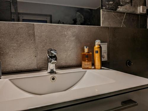 a bathroom sink with two bottles on top of it at Mein alter Bauernhof Strassburgerhof in Welling