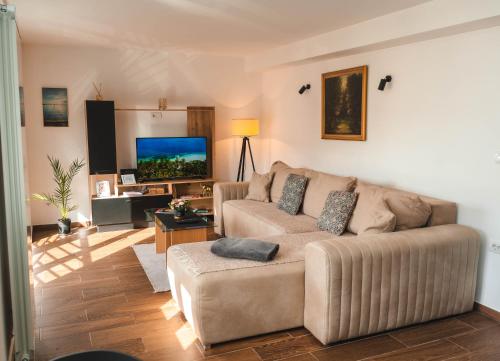 a living room with a couch and a flat screen tv at Apartman Leskovčanka in Leskovac