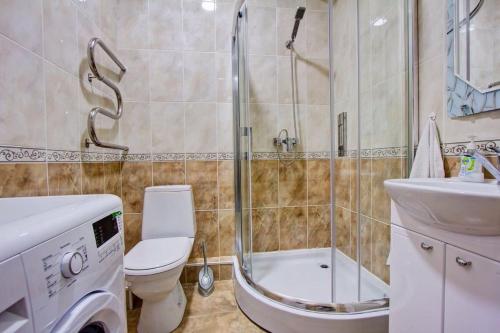 ein Badezimmer mit Dusche, Toilette und Waschbecken in der Unterkunft Студия in Bischkek