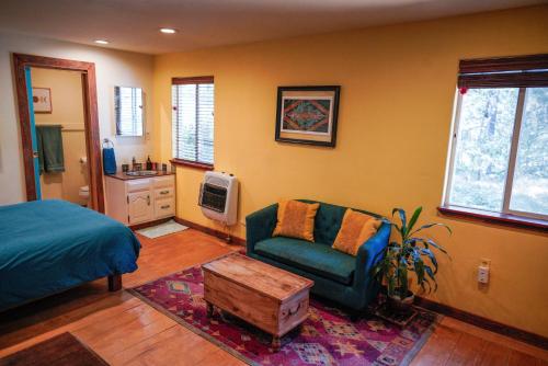 a bedroom with a bed and a couch and a tv at The Gold Heart of Grass Valley in Grass Valley