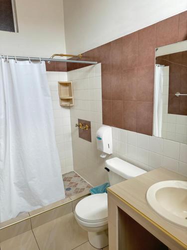 a bathroom with a toilet and a shower and a sink at Hotel San Jorge in Santa Rosa de Copán