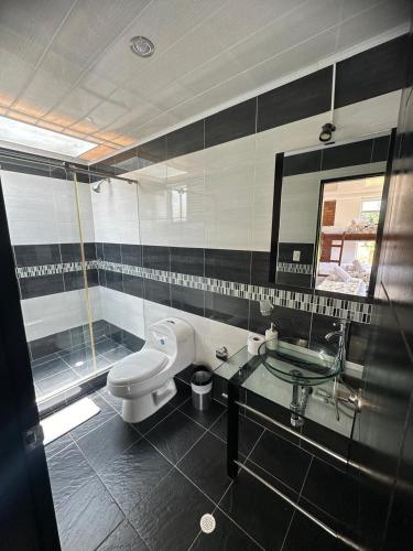 a bathroom with a toilet and a sink and a mirror at Casa El Girasol in Sáchica