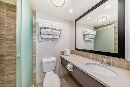 a bathroom with a sink and a toilet and a mirror at Jasper Inn & Suites by INNhotels in Jasper