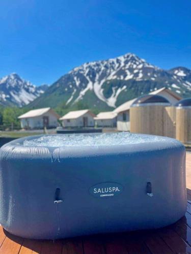 a blue ottoman sitting on a table with a mountain at Howling Wolf Resort in Seward