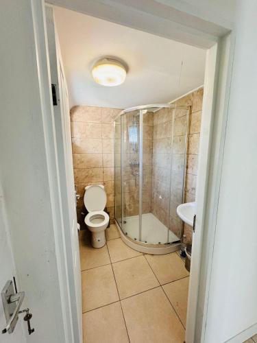a bathroom with a shower and a toilet and a sink at Room for stay with shared facilities in Uxbridge