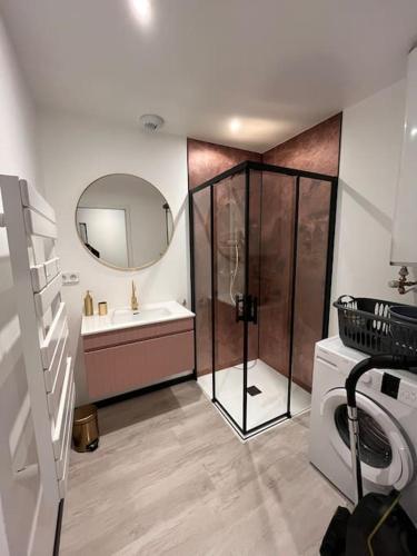 une salle de bain avec une douche, un lavabo et un miroir dans l'établissement Atelier du spa jacuzzi illimité proche du mont saint Michel, à Avranches