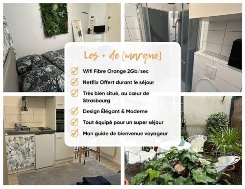 een collage van foto's van een keuken met een bord bij Studio proche du centre-ville in Straatsburg