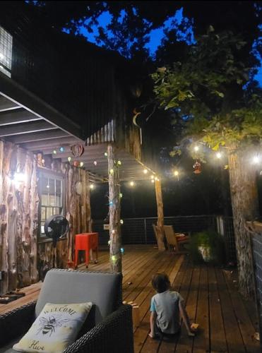 Coin salon dans l'établissement "Magical Treehouse" w spiral slide off the deck 350 acres on the Brazos River! Tubing! Petting Zoo!