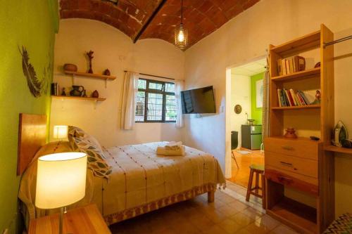 a bedroom with a bed and a window and a television at chill green beautiful downtown area TV good Wifi in Oaxaca City