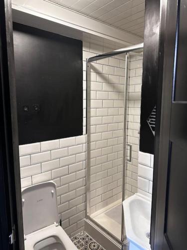 a bathroom with a toilet and a shower at Central City Living - Stylish & Spacious 5 Bedrooms in Parkside