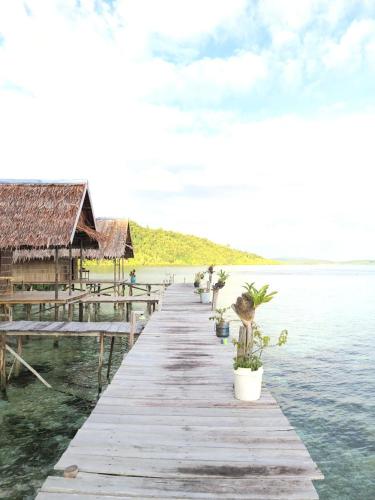 a wooden dock in the water with plants on it at Korbekwan Homestay in Besir