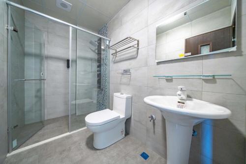 a bathroom with a toilet and a sink and a shower at 玉里木色香民宿 in Yuli