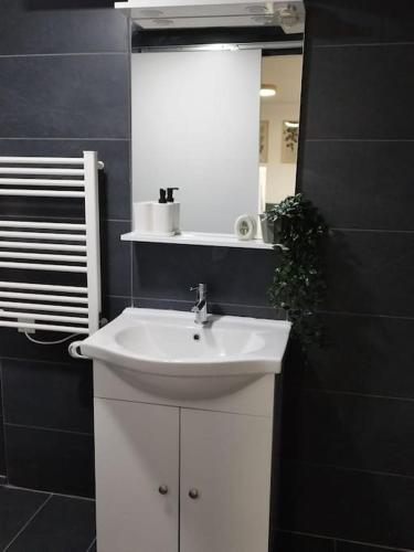 une salle de bain avec un lavabo blanc et un miroir dans l'établissement Studio 1 indépendant proche Paris, à Épinay-sur-Seine