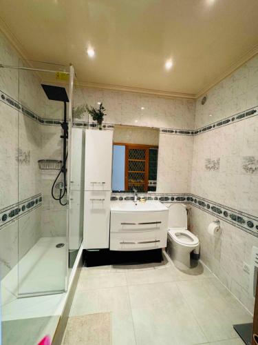 une salle de bain avec une douche, un lavabo et des toilettes dans l'établissement 2 bedrooms in marais, à Paris