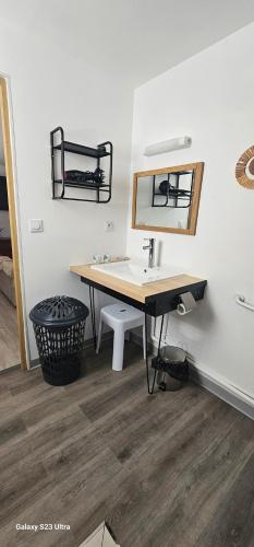 a bathroom with a sink and a mirror on a wall at Villa Rosie in Sainte-Rose