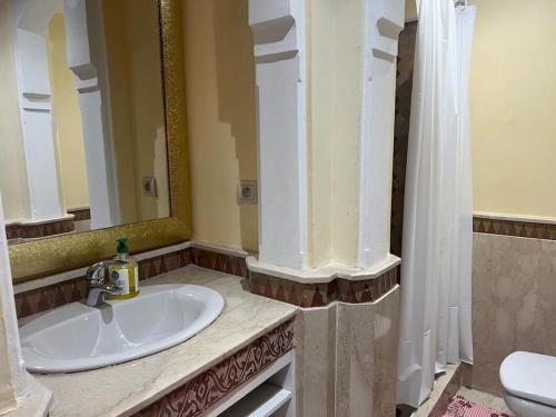 a bathroom with a sink and a mirror at Bel Appartement meublé avec Piscine, l'hivernage à Marrakech in Marrakech