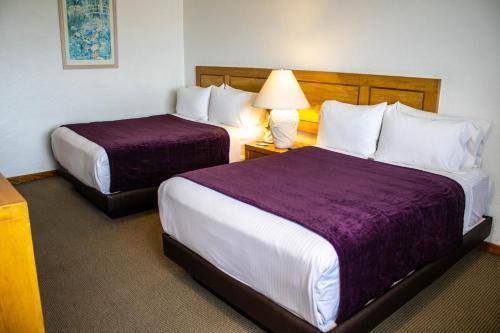 a hotel room with two beds with purple sheets at Cantalagua Inn in Atlacomulco de Fabela