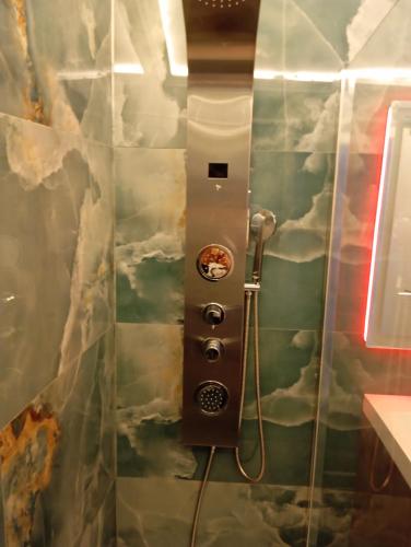 a shower in a bathroom with a painting on the wall at El Refugio del Estrecho in Algeciras