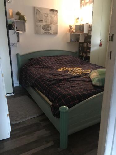 un lit avec un cadre vert dans une chambre dans l'établissement Les pieds dans l'eau, à Valras-Plage