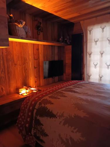 a bedroom with a bed and a flat screen tv at Monolocale walser in Formazza