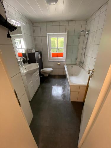a bathroom with a sink and a toilet at Ferienwohnung "kleine Auszeit" in Olsberg