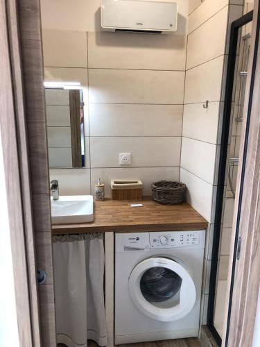 une petite salle de bains avec un lave-linge et un lavabo dans l'établissement Le Grenadier, à Ventenac-Cabardès