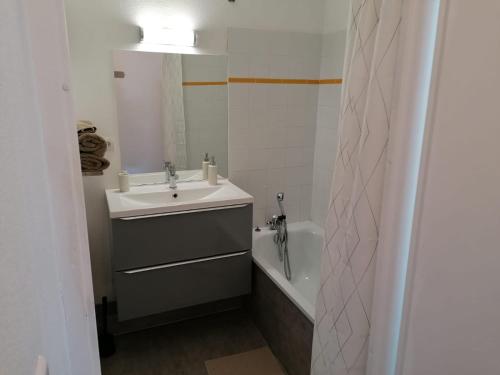 une salle de bain avec un lavabo et une baignoire dans l'établissement La Sweet House Rouge* Au pied des remparts *wifi*, à Avignon