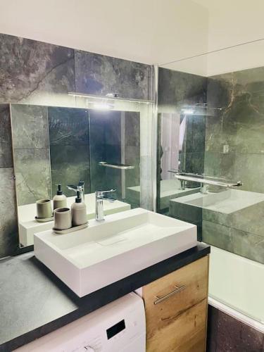 une salle de bain avec un lavabo blanc et un miroir dans l'établissement Le Rivière #Proche Centre#Calme, à Clermont-Ferrand