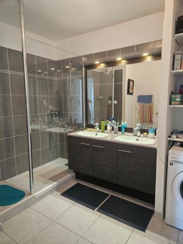 une salle de bain avec douche et lavabo et une machine à laver dans l'établissement Attitude 43, à La Ciotat