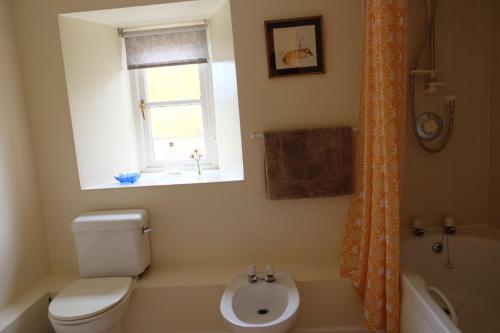 un bagno con un water, un lavandino e una finestra di Okewoon Barn a Lanivet