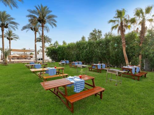 a group of picnic tables in a park with palm trees at Swissôtel Sharm El Sheikh - Ultra All Inclusive Collection in Sharm El Sheikh