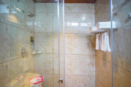 a bathroom with a shower with a glass door at Hotel Yathin in Mysore