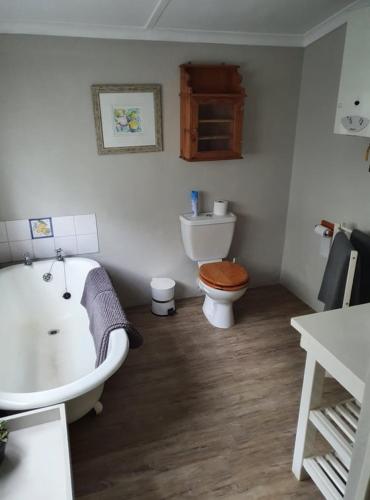 a bathroom with a bath tub and a toilet at Babylons Tower Cottage in Caledon