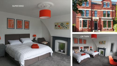 two pictures of a bedroom with a bed and a building at Victorian Renovation Room 6 in Liverpool