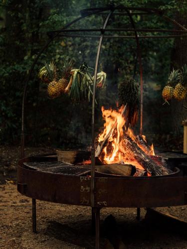 a grill with a fire in front of it at Youza ecolodge in La Couture-Boussey