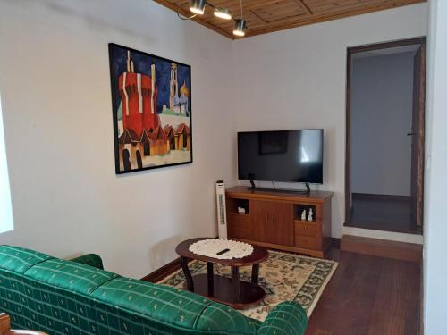 ein Wohnzimmer mit einem grünen Sofa und einem Fernseher in der Unterkunft Casa de São João in São João