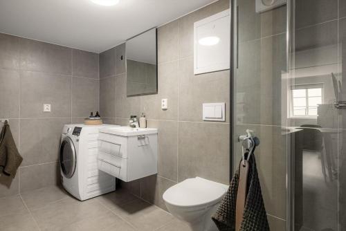 ein Badezimmer mit Waschmaschine und Toilette in der Unterkunft Nordnes Apartment in Bergen